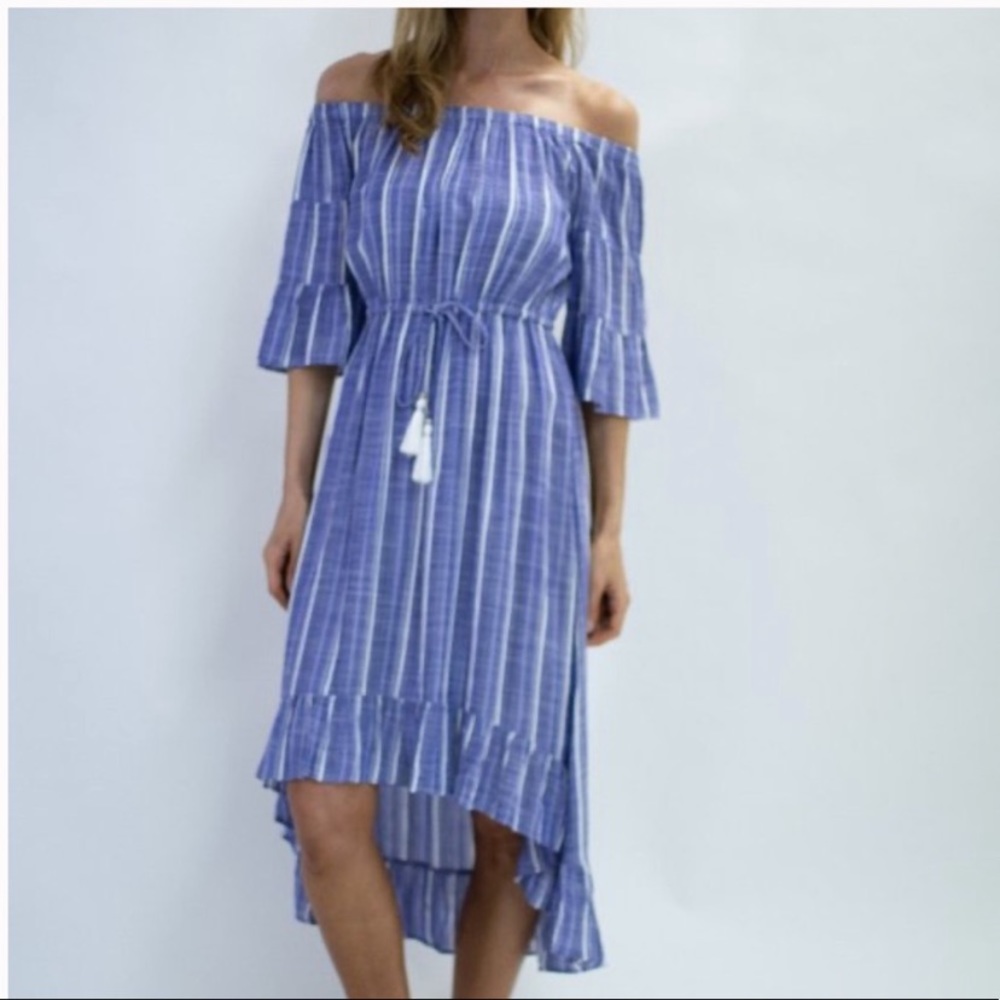 Spiaggia Dolce NWOT Striped Boho Off the Shoulder Dress High Low Hem Size Large - Picture 16 of 16